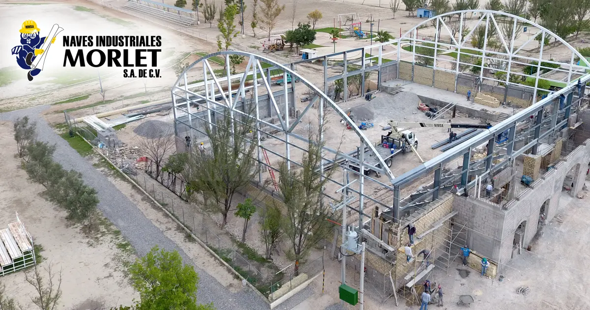 Render técnico del diseño estructural de una nave industrial metálica